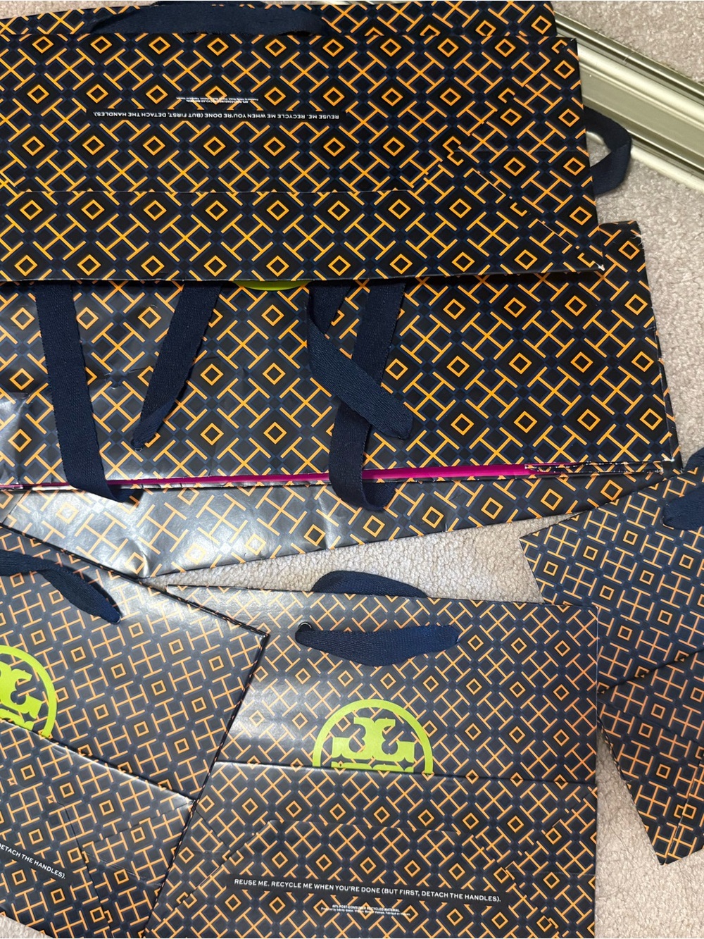 Tory Burch Navy Shopping Bags with Orange Geometric Print and Lime Logo